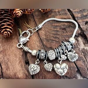Brighton Puffy Hearts Charm Bracelet Fine Silver Plated Chain .999 Black Enamel